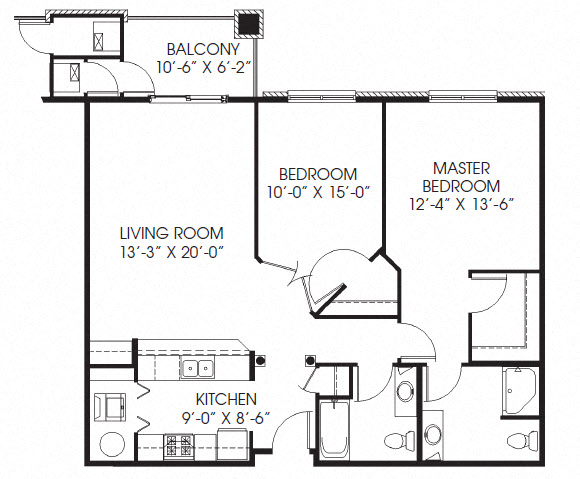 Floor plan for 2 beds, 2 baths, 1140 sqft